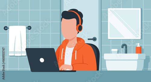 Illustration of a person working on a laptop in a bathroom, perfect for articles about remote work or work-life balance.