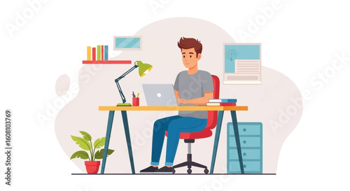 Young man working on laptop at home office, perfect for website banners, blog posts, and productivity articles.