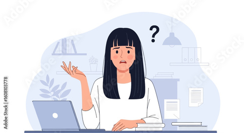 Confused businesswoman at her desk, perfect for illustrating problem-solving or uncertainty in business contexts.