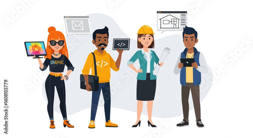 Diverse team of professionals: graphic designer, programmer, architect, and project manager. Ideal for websites, presentations, and marketing materials.