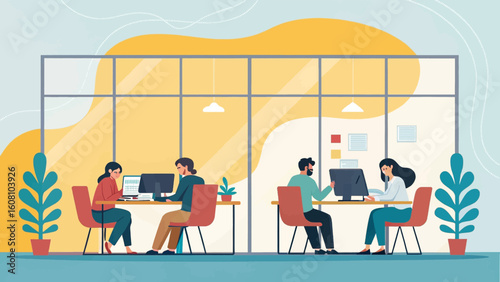 Modern office workers collaborating at their desks, perfect for websites and presentations.