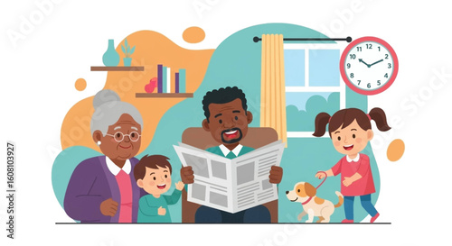 Happy multigenerational family at home, perfect for family blogs, websites, or brochures.