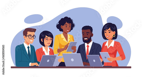 Diverse business team collaborating on laptops and tablets. Ideal for websites, brochures, and presentations.