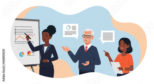 Diverse business team presenting data, ideal for website banners or corporate brochures.