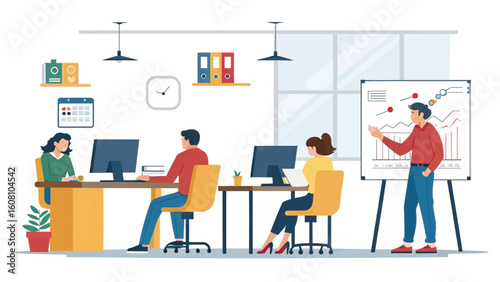 Modern office workers collaborating on a project, perfect for website banners or business presentations.