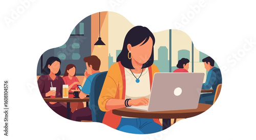 Woman working on laptop in a cafe, perfect for illustrating remote work, freelance, or co-working concepts.