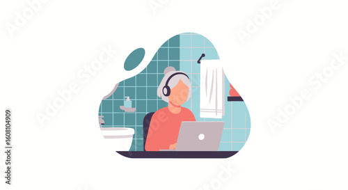 Senior woman working on laptop in bathroom, perfect for articles about remote work, digital wellbeing, or modern retirement.
