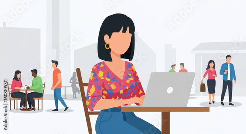 Woman working on laptop in a cafe, ideal for website banners or social media posts about remote work or freelancing.