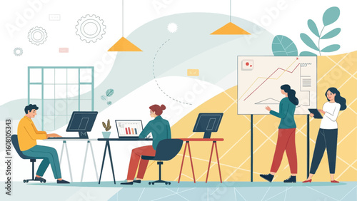 Modern office workers collaborating on project, perfect for website landing page or business brochure.