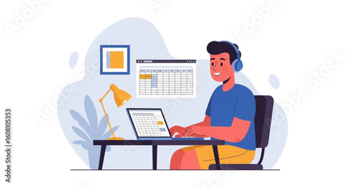 Happy man working from home on laptop, ideal for website banners or blog posts about remote work.