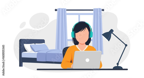 Woman working from home on laptop, perfect for remote work, freelance, and work-life balance illustrations.