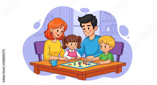 Happy family playing board games at home. Perfect for family blogs, websites, and articles about family time.