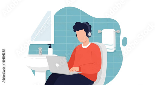 Illustration of a person working on a laptop in a bathroom, perfect for articles on work-life balance or remote work.