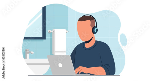 Man working on laptop in bathroom, perfect for illustrating remote work flexibility or work-life balance.