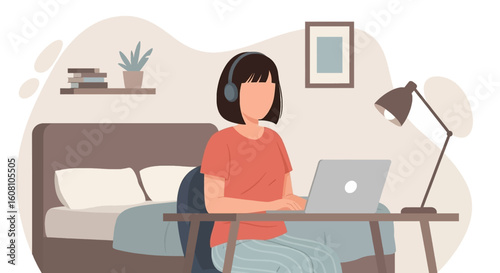 Woman working from home on laptop, ideal for remote work, freelance, or online learning landing pages.