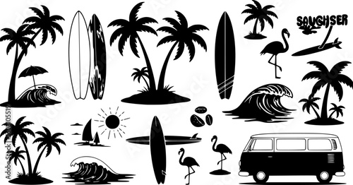 set of  A tropical beach and surf-themed vector set with palm trees, waves, surfboards, a van, flamingos, and ocean elements in a bold black silhouette style. Perfect for t-shirt designs, and branding