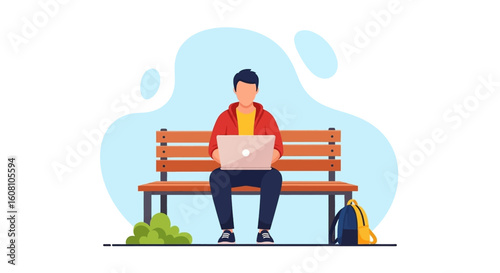Young man working on laptop outdoors, perfect for blog posts or website banners about remote work or student life.