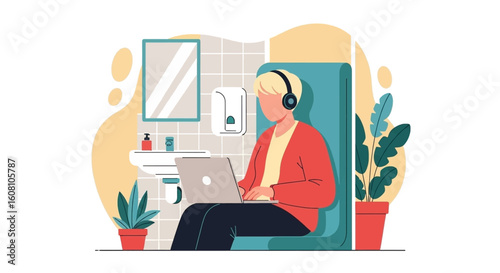 Person working on laptop in a restroom, perfect for illustrating remote work challenges or modern lifestyle.