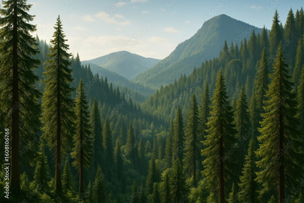 Fototapeta premium Dense coniferous forest covering mountain slopes with evergreen trees creating pristine wilderness landscape during daylight