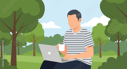 Man working on laptop in park, perfect for website banners or blog posts about remote work, nature, or outdoor lifestyle.