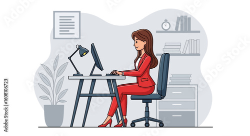 Woman working at computer in modern office - perfect for website banners, business presentations, and marketing materials.