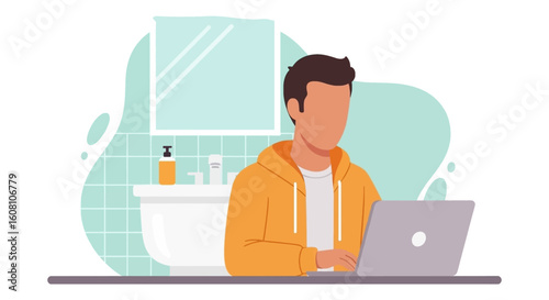 Man working on laptop in modern bathroom, perfect for remote work, freelance, or lifestyle blogs.