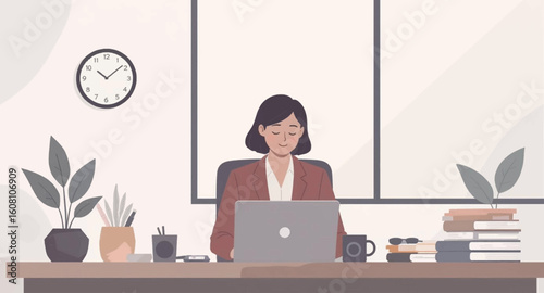 Calm businesswoman working on laptop in modern office, perfect for website banners or business brochures.