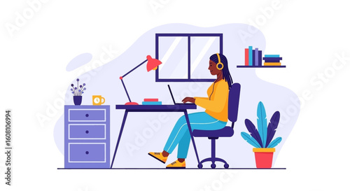 Woman working from home on laptop, perfect for blog posts about remote work or productivity.