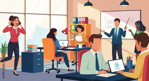 Diverse team collaborating in a modern office, perfect for illustrating teamwork and productivity on a website or brochure.