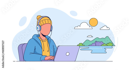 Person working on laptop with headphones, idyllic landscape background. Perfect for blog, website or presentation.