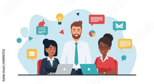 Diverse business team collaborating on laptops, ideal for website banners or marketing materials.