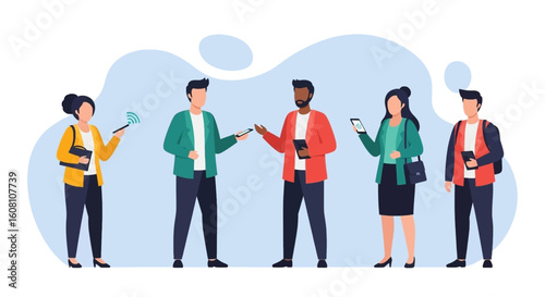 Diverse team of professionals collaborating using mobile devices, perfect for business websites and presentations.
