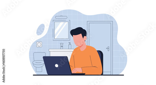 Man working on laptop in bathroom - illustration for remote work, work from home, or flexible work concepts.