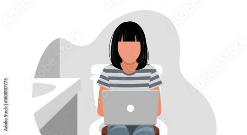 Woman working on laptop while sitting on toilet - illustration for blog, article or social media.