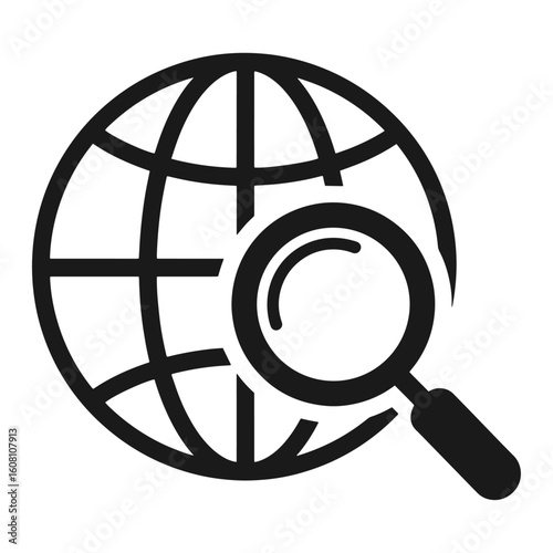 Vector art of magnifying glass over a globe symbolizing internet search and global exploration on isolated background.