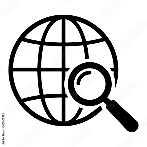 Vector art of a magnifying glass hovers over a stylized globe, symbolizing global search on isolated background.