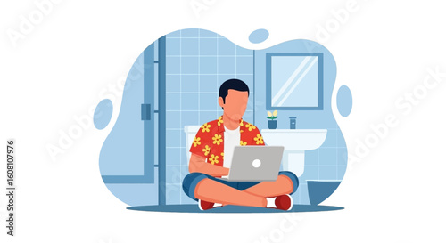 Man working on laptop in bathroom, illustration for blog post about remote work.