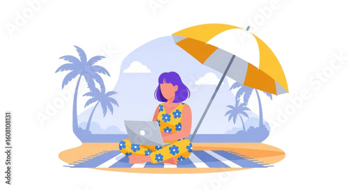 Woman working on laptop on tropical beach, perfect for travel blog or remote work articles.