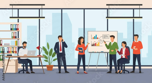 Diverse business team collaborating in a modern office, perfect for presentations on teamwork and productivity.