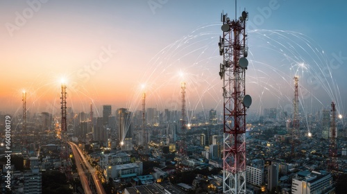 Telecommunication towers illuminated at sunset urban cityscape aerial view technology infrastructure connectivity innovations