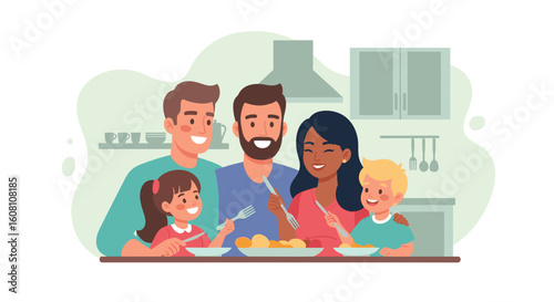 Happy diverse family enjoying a meal together in their kitchen - perfect for family, diversity, and food-related projects.