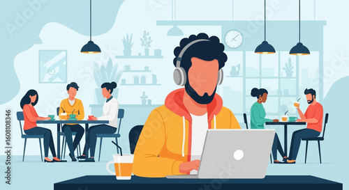Man working on laptop in a cafe, ideal for website banners or blog posts about remote work or coworking spaces.