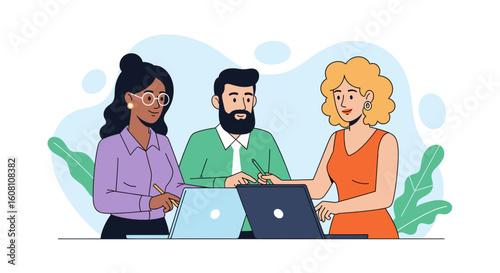 Diverse team collaborating on laptops, perfect for website banners or business presentations.