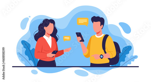 Young man and woman using smartphones, chatting and sharing information. Perfect for websites, apps, and presentations about mobile communication.
