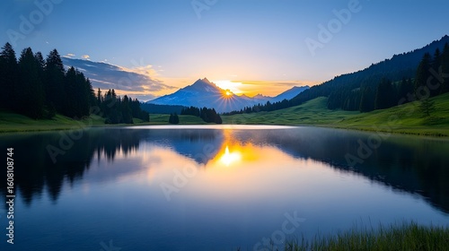 Majestic mountain lake reflecting a glowing sunset
