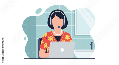 Customer service representative working from home, perfect for website banners or brochures.