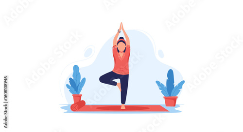 Woman practicing yoga tree pose, perfect for wellness websites, blogs, or health publications.