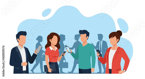 Diverse group of business people using smartphones and tablets, ideal for websites and presentations about mobile technology and modern communication.