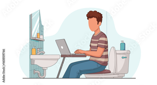 Man working on laptop in bathroom - Illustration for articles about work-life balance, remote work challenges, or humorous situations.