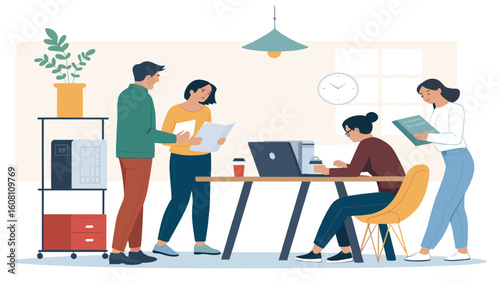 Diverse team collaborating in a modern office, perfect for illustrating teamwork and productivity on websites or brochures.